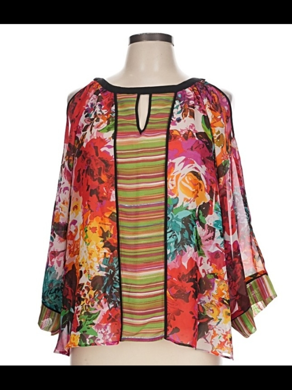 ECI NWT Sheer Lined Multi-Color Floral Striped Peasant 3/4 Sleeve Blouse Size L